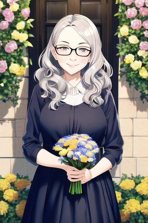 [NovelAI] लहरदार बाल चश्मा फूल वृद्ध महिला पोशाक [चित्रकला]
